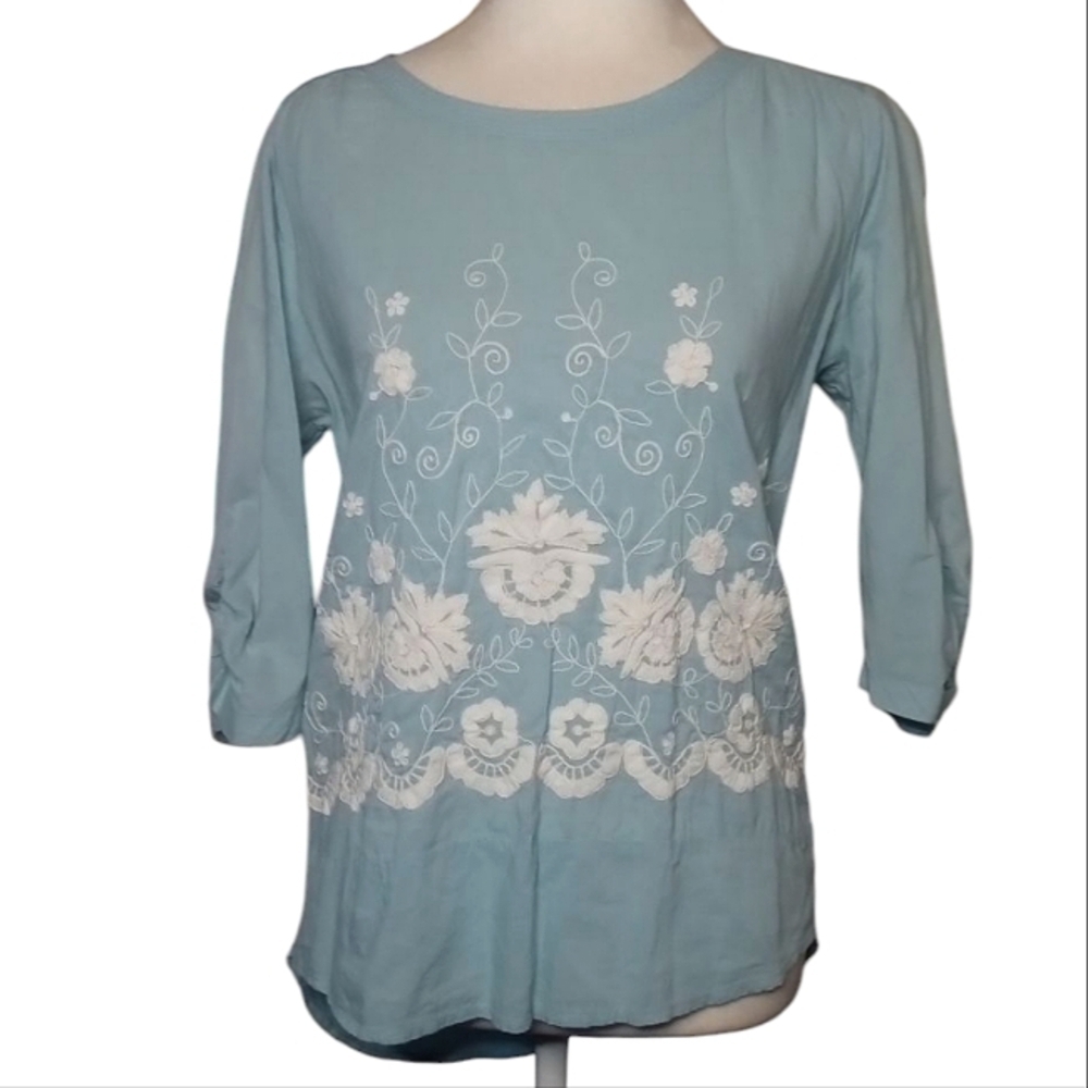 Boden Light Blue White Floral Embroidery Cotton Ruched 1/2 Sleeve Blouse Size 2